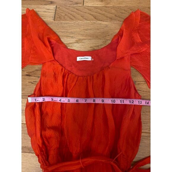 Calvin Klein Women's Red Ruffle Sleeve lined silk scoop neck tied waist Dress 2 - Picture 6 of 9
